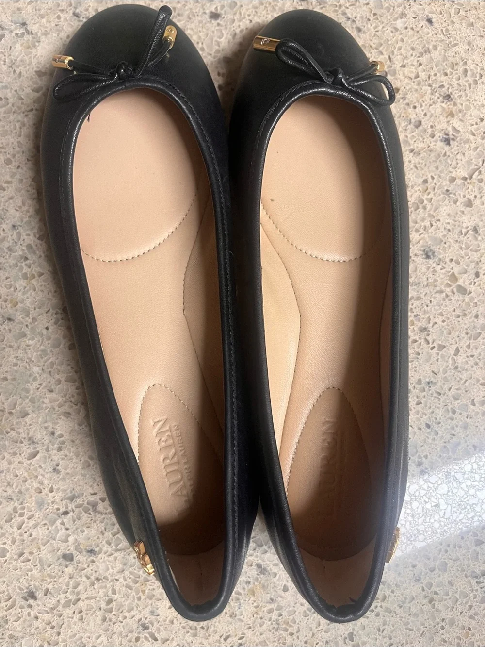 Lauren Ralph Lauren Black Leather Bow Ballet Flats with Gold Accents